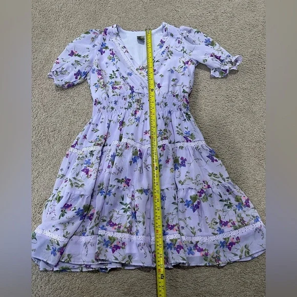 TAYLOR Baby Doll Boho Puff Sleeves Lavender Floral Midi Dress size 8 - Picture 7 of 9